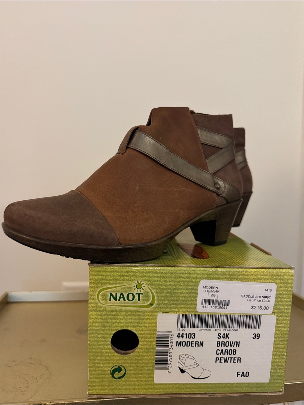 Naot Modern Brown Carob with Pewter Strap Ankle Boots